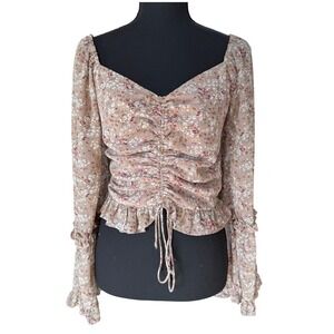 Altar'd State Floral Ruched Peplum Top Womens M Taupe Cottagecore Romantic